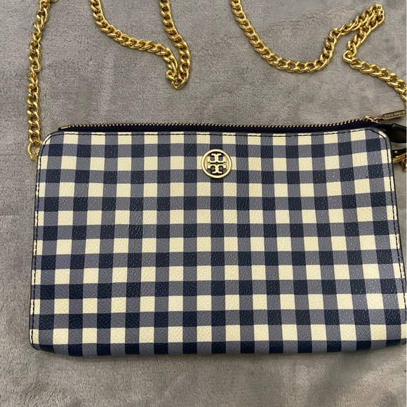 Tory Burch Robinson Navy Gingham Chain Strap Crossbody Clutch Bag 4936 - Picture 3 of 12